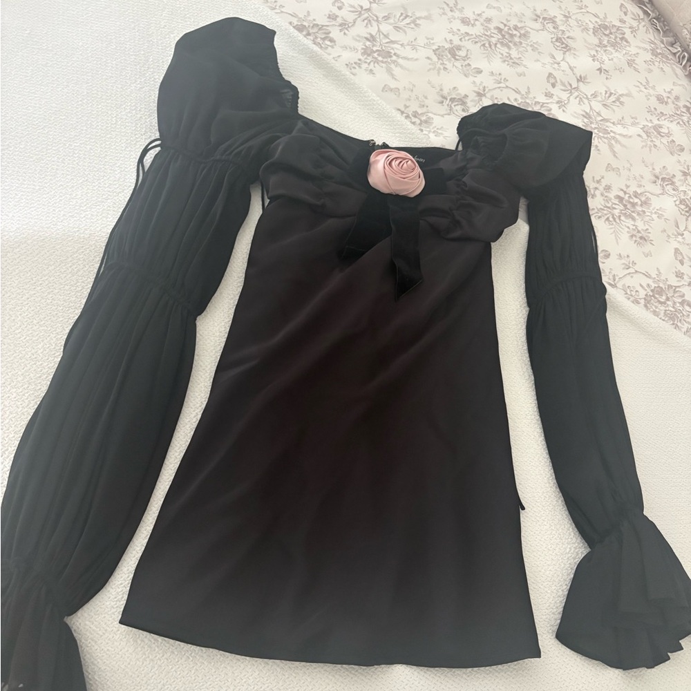 For Love & Lemons Black Long-Sleeve Mini Dress with Pink Rosette